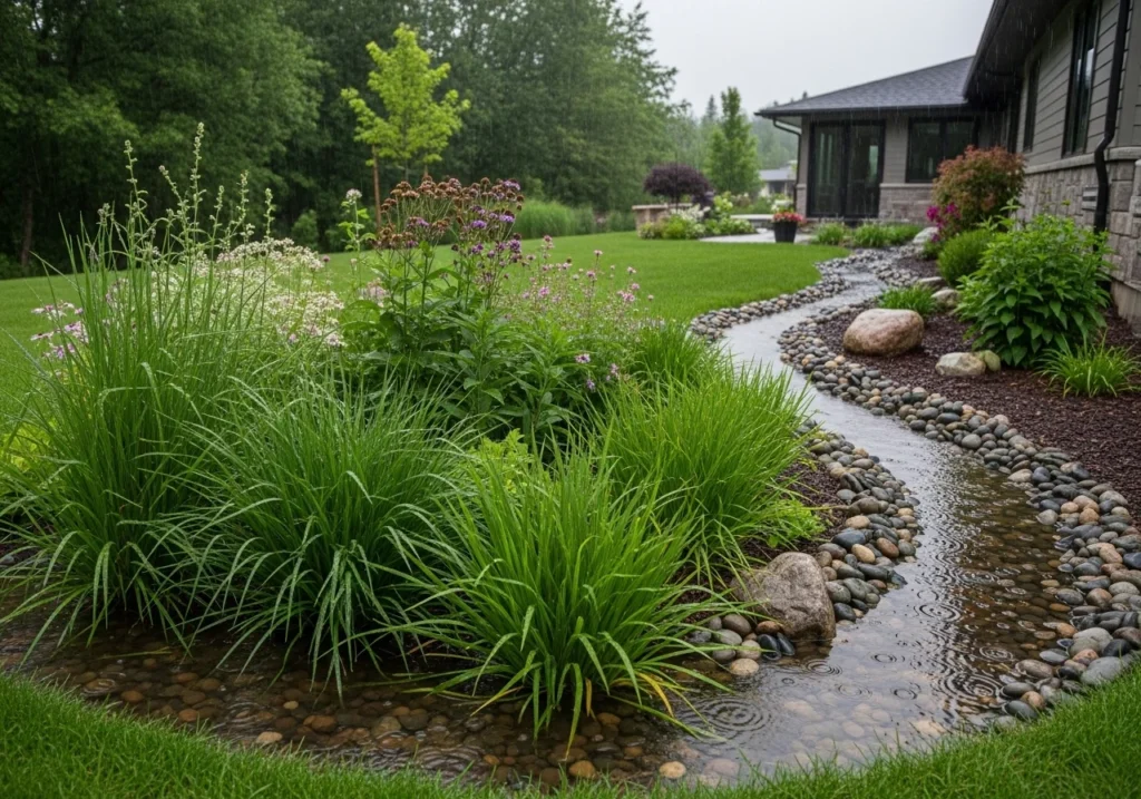Water runoff landscaping with rain garden and swale in a residential backyard