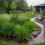 Water runoff landscaping with rain garden and swale in a residential backyard