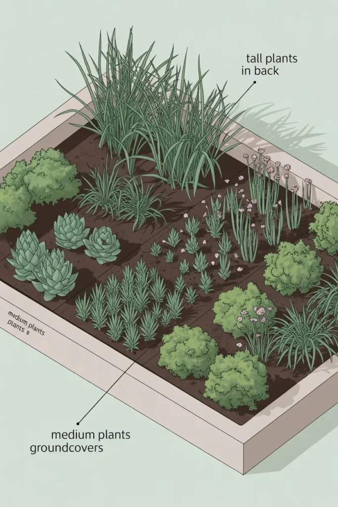 A long flower border with mulch and tidy perennial rows.