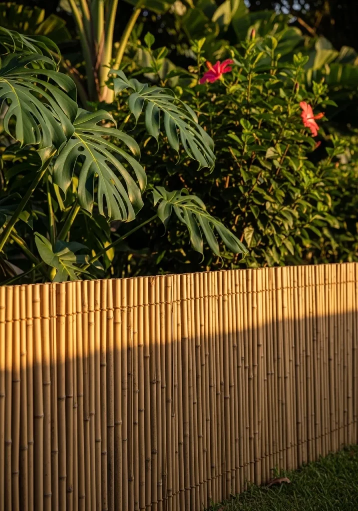 Bamboo roll fence panel in a garden — affordable cheap fence idea for natural privacy