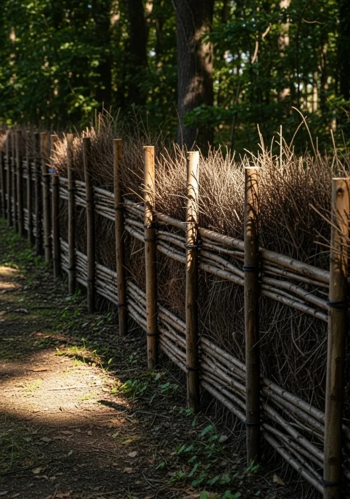 Natural brush fence from bundled branches — a zero-cost cheap fence idea for woodland gardens