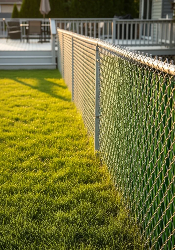 Chain-link fence with privacy slats — cheap fence idea for suburban backyards on a budget