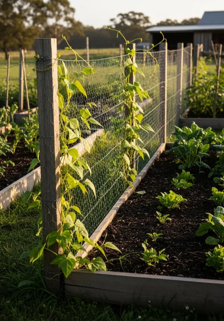 Chicken wire fence around vegetable garden — one of the cheapest fence ideas under $1 per foot
