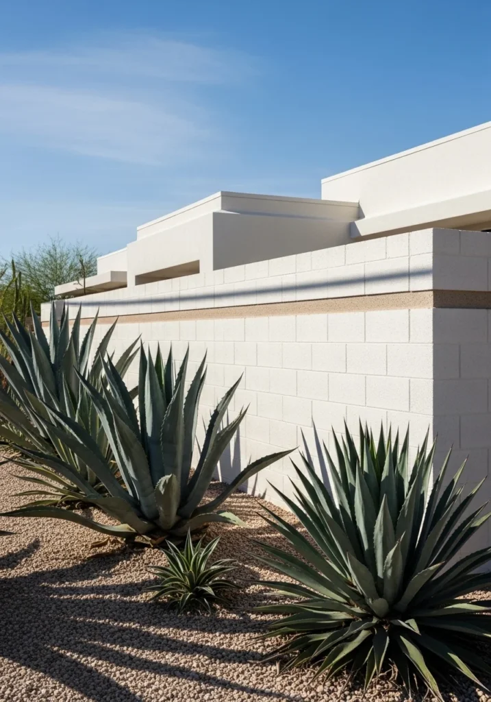 Stuccoed cinder block fence with desert landscaping — permanent cheap fence idea for dry climates