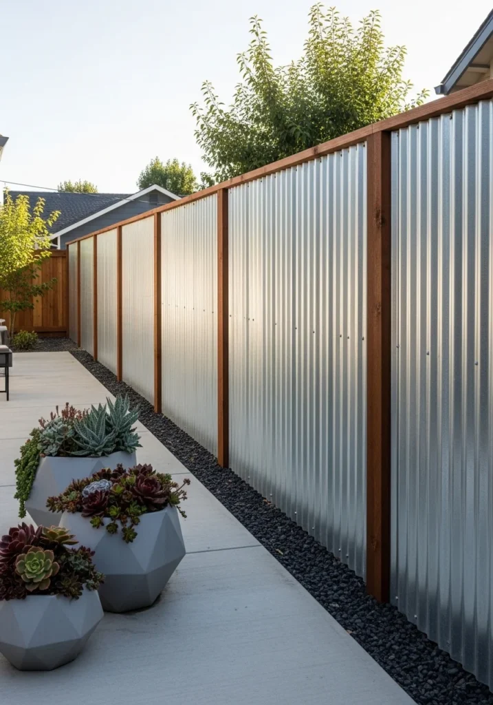 Corrugated metal privacy fence with cedar posts — modern cheap fence idea that looks high-end