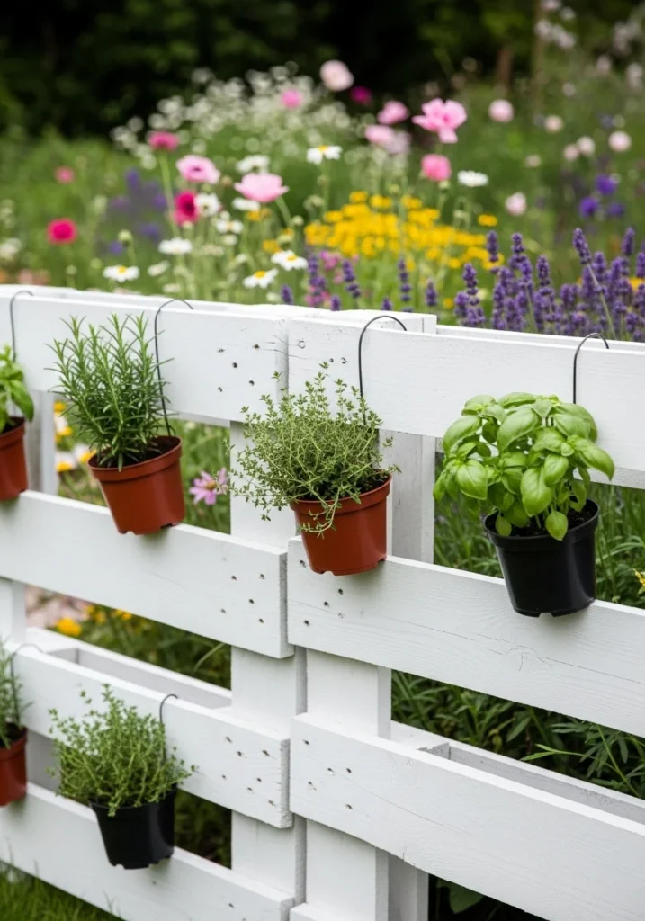 DIY white pallet fence with herb planters — cheap fence idea using free reclaimed wood