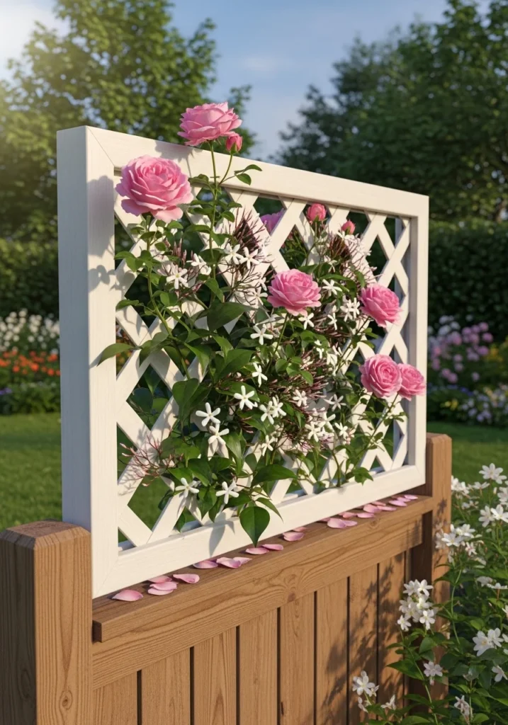 White lattice topper with climbing roses on privacy fence — cheap fence idea to add height and privacy