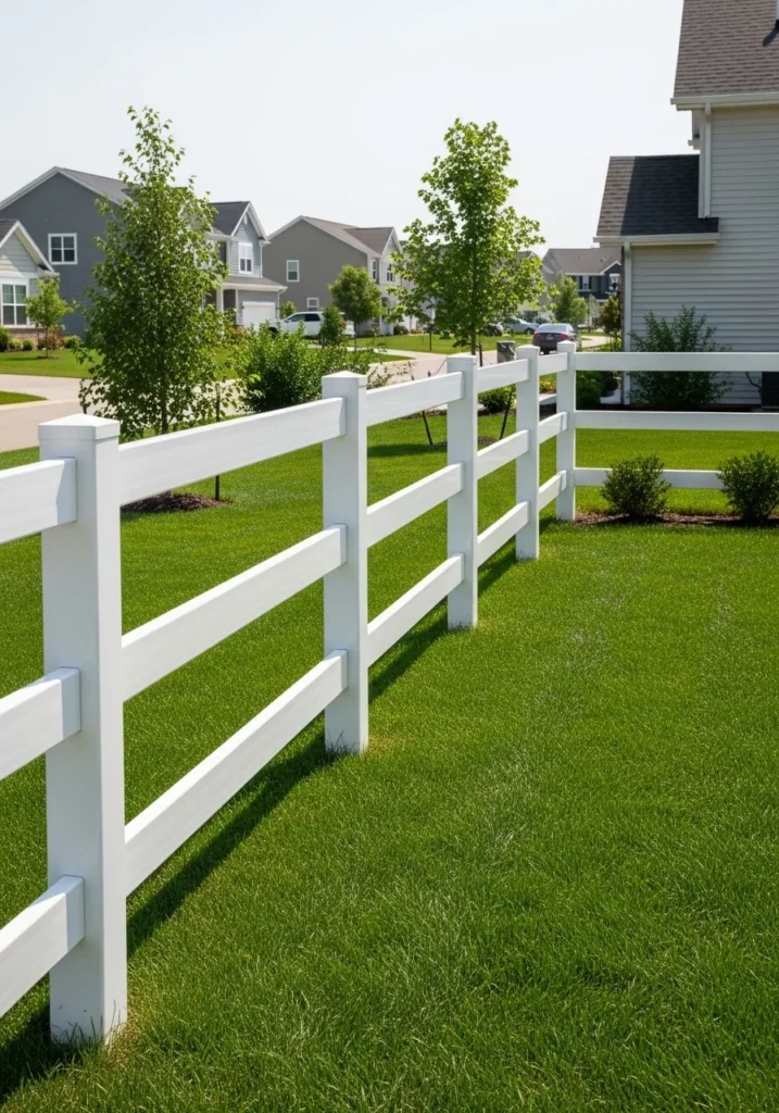 White PVC pipe fence bordering a small yard — a durable cheap fence idea with zero maintenance