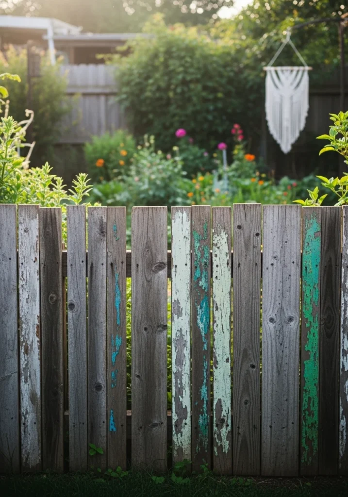 DIY reclaimed wood plank fence in boho backyard — cheap fence idea using recycled lumber