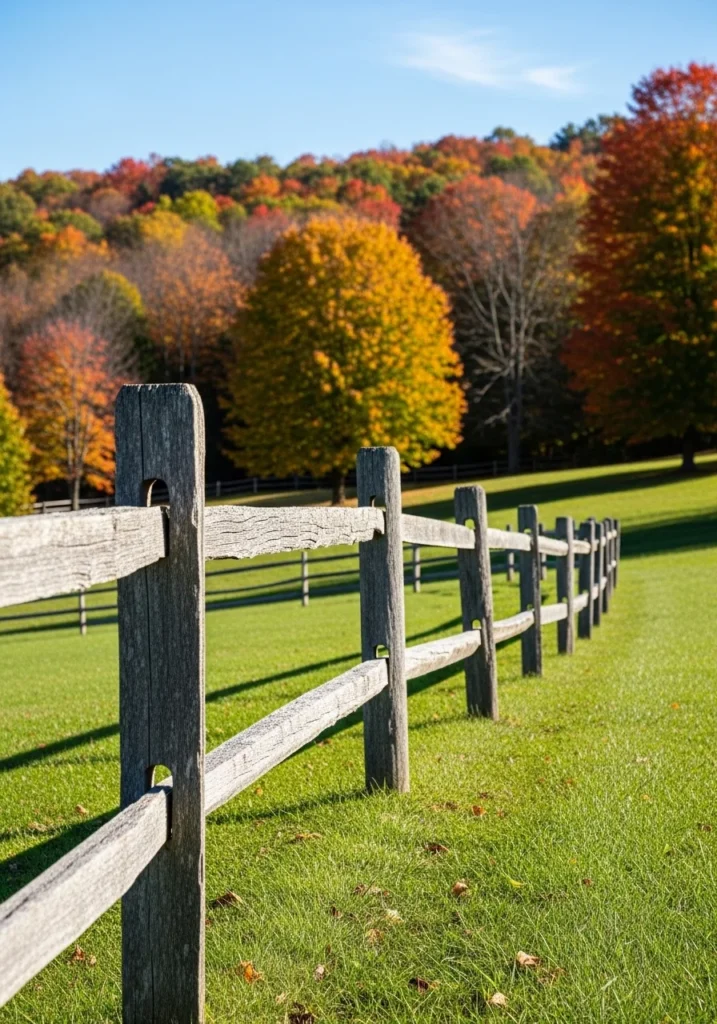 Rustic split rail fence on a lawn — a low cost cheap fence idea for large yards