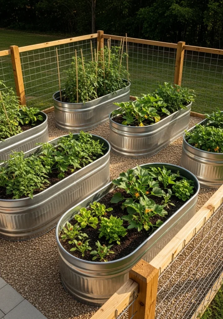 Galvanized stock tanks with wire panels as garden border — a creative cheap fence idea for yards