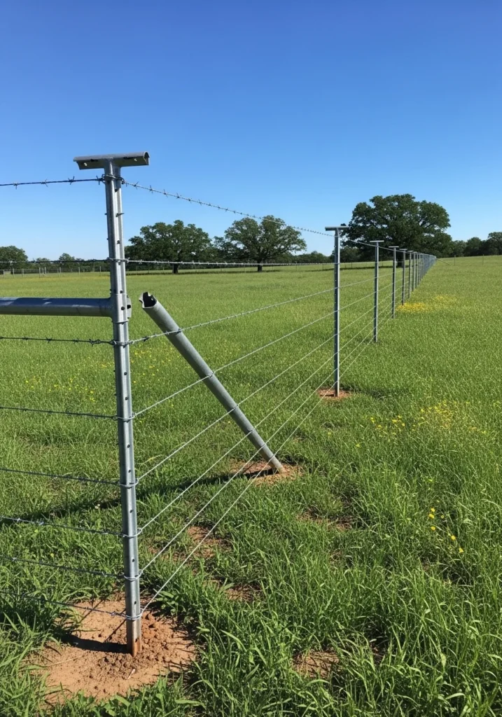 Steel T-post wire fence across open backyard — cheap fence idea for budget large-property owners