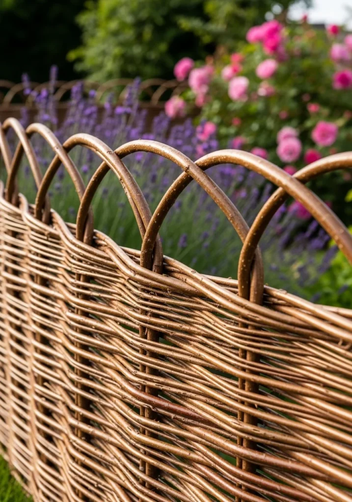 Woven willow hurdle fence in cottage garden — natural and inexpensive cheap fence idea