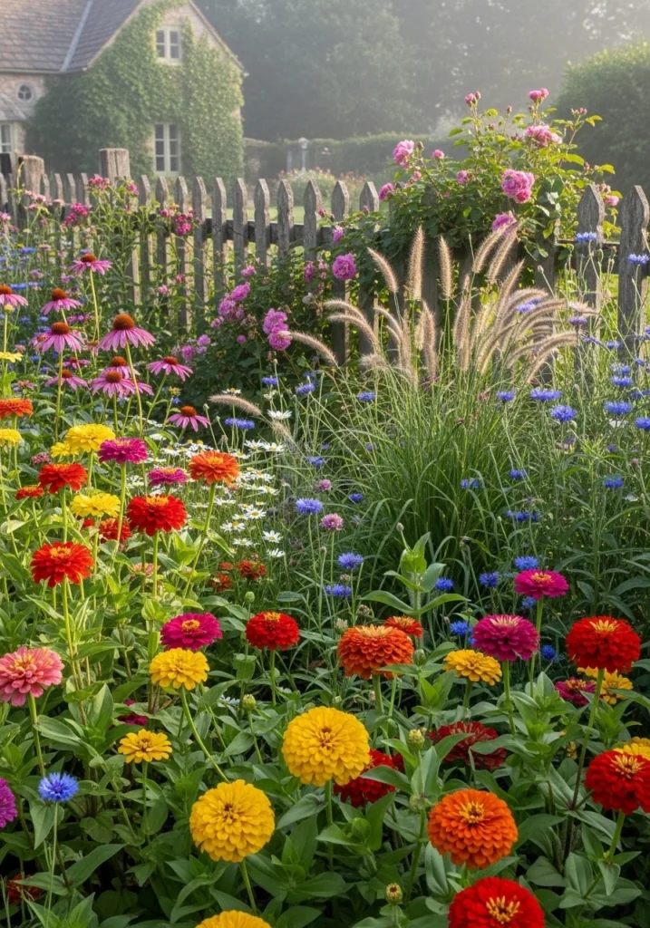 Informal cottage zinnia garden with Persian Carpet varieties scattered among wildflowers — relaxed zinnia garden idea for natural yards