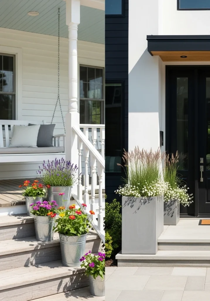 Front porch planter using thriller-filler-spiller combination with geranium, sweet potato vine, and lobelia