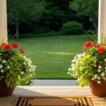 Two large terracotta front porch flower pots filled with seasonal blooms flanking a painted front door