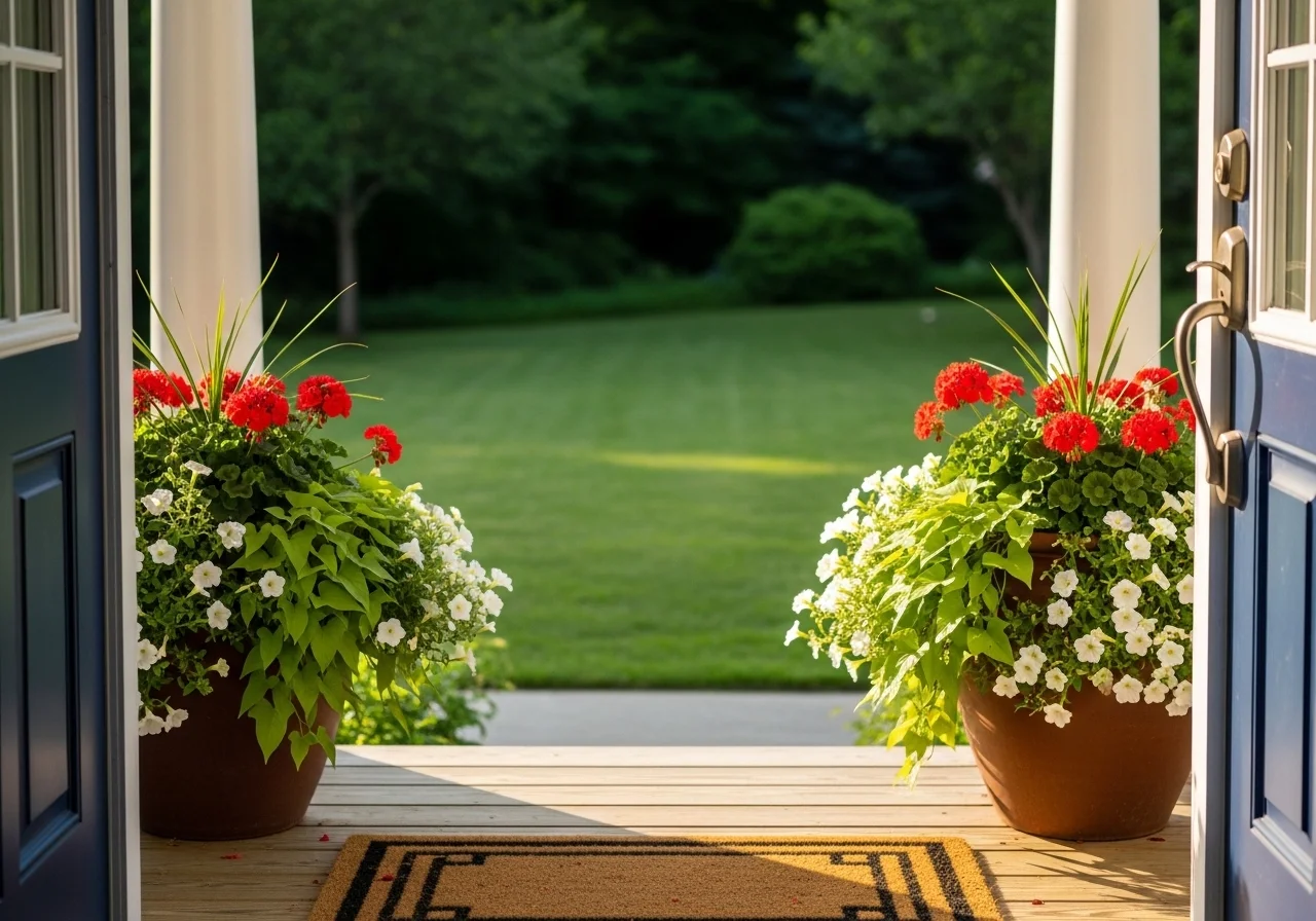 Two large terracotta front porch flower pots filled with seasonal blooms flanking a painted front door