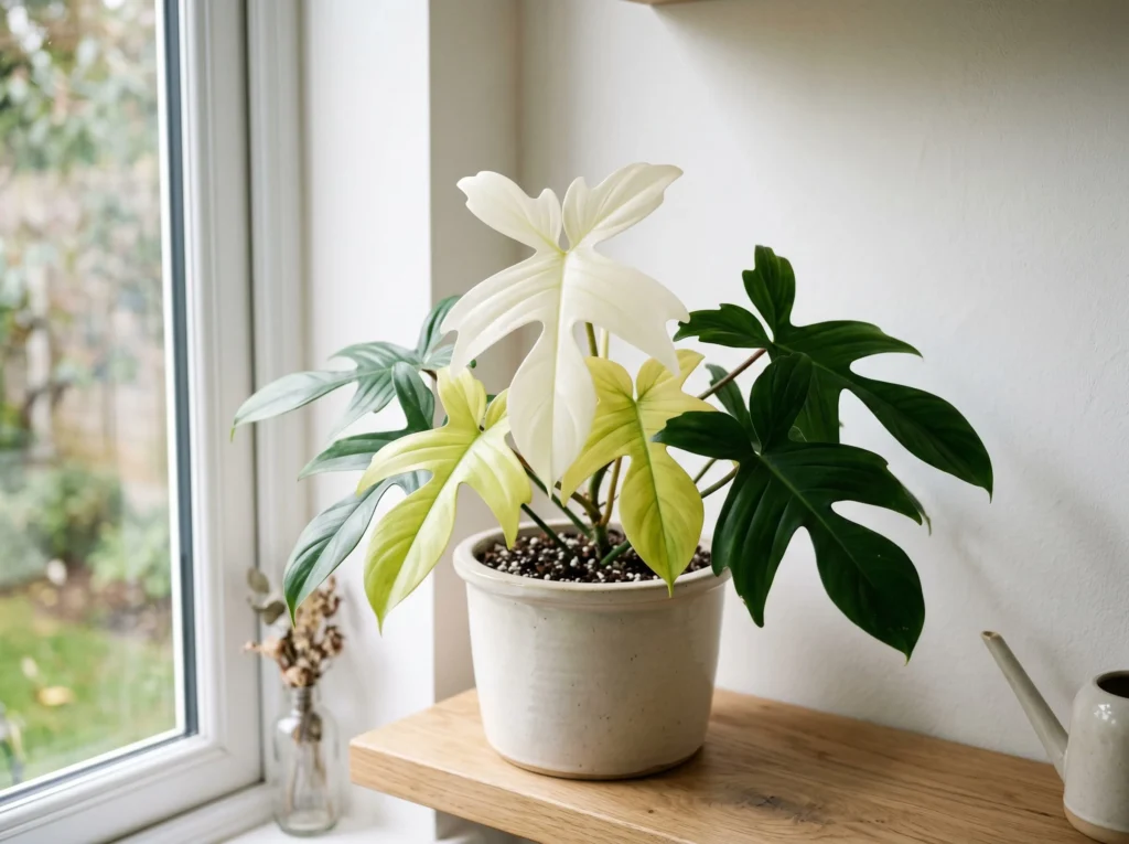 Florida Ghost Philodendron with white new leaves and green mature leaves in a ceramic pot on a wood shelf