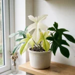 Florida Ghost Philodendron with white new leaves and green mature leaves in a ceramic pot on a wood shelf