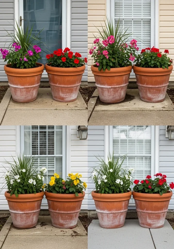 Four-season front porch flower pots showing spring tulips, summer petunias, fall mums, and winter evergreens