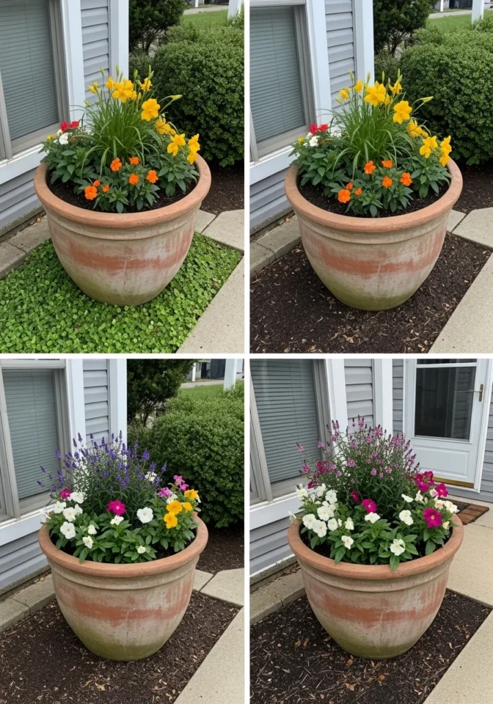 Four-season front porch flower pots showing spring tulips, summer petunias, fall mums