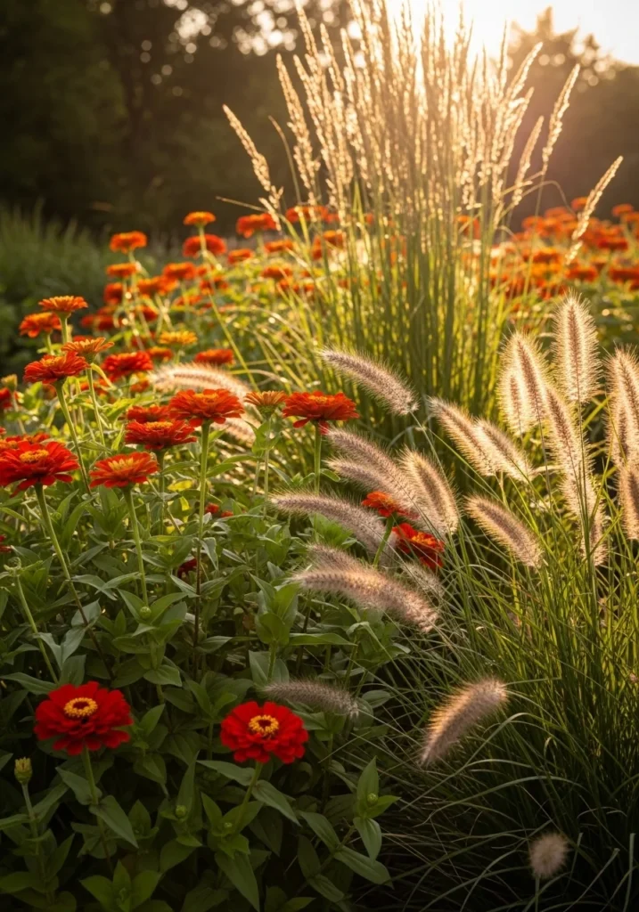 Curved gravel path lined with deep burgundy and orange zinnias in a cottage garden