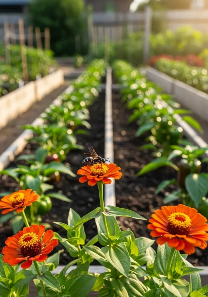 Orange zinnias planted with tomato and pepper plants in a raised vegetable bed — zinnia companion plants idea for natural pest control