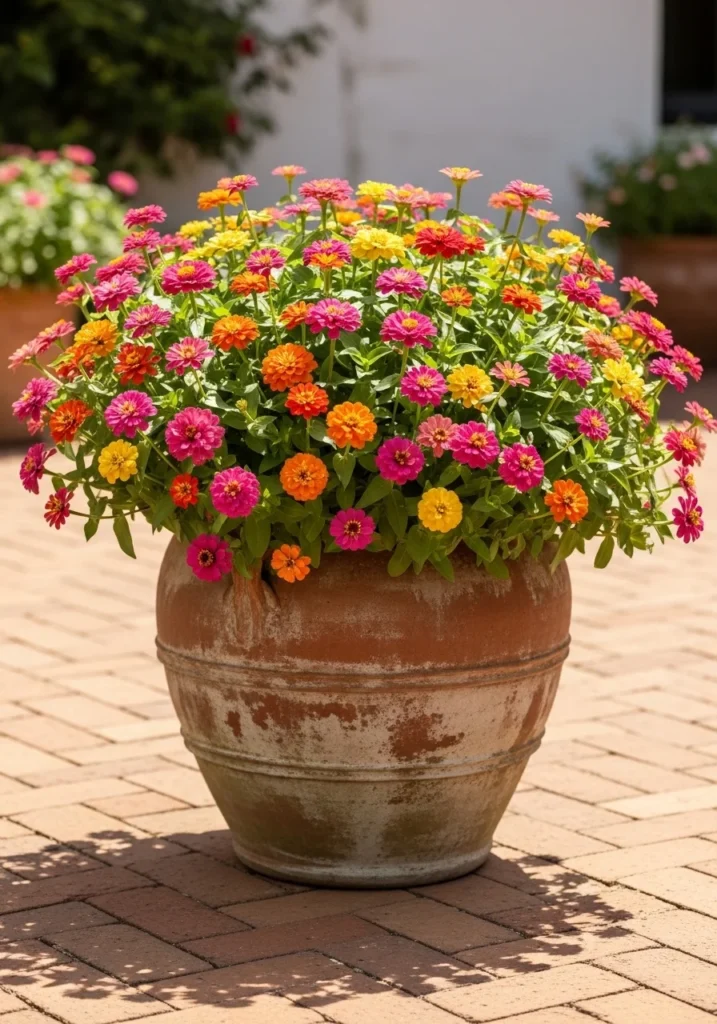 Large terracotta pot with dwarf Profusion zinnias on a brick patio — zinnia container garden idea for patios and balconies