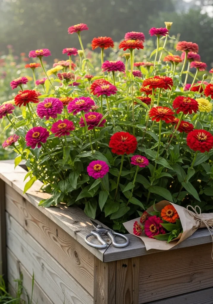 Raised bed zinnia cut flower garden with tall coral and rose varieties — best zinnia garden idea for fresh bouquets all summer
