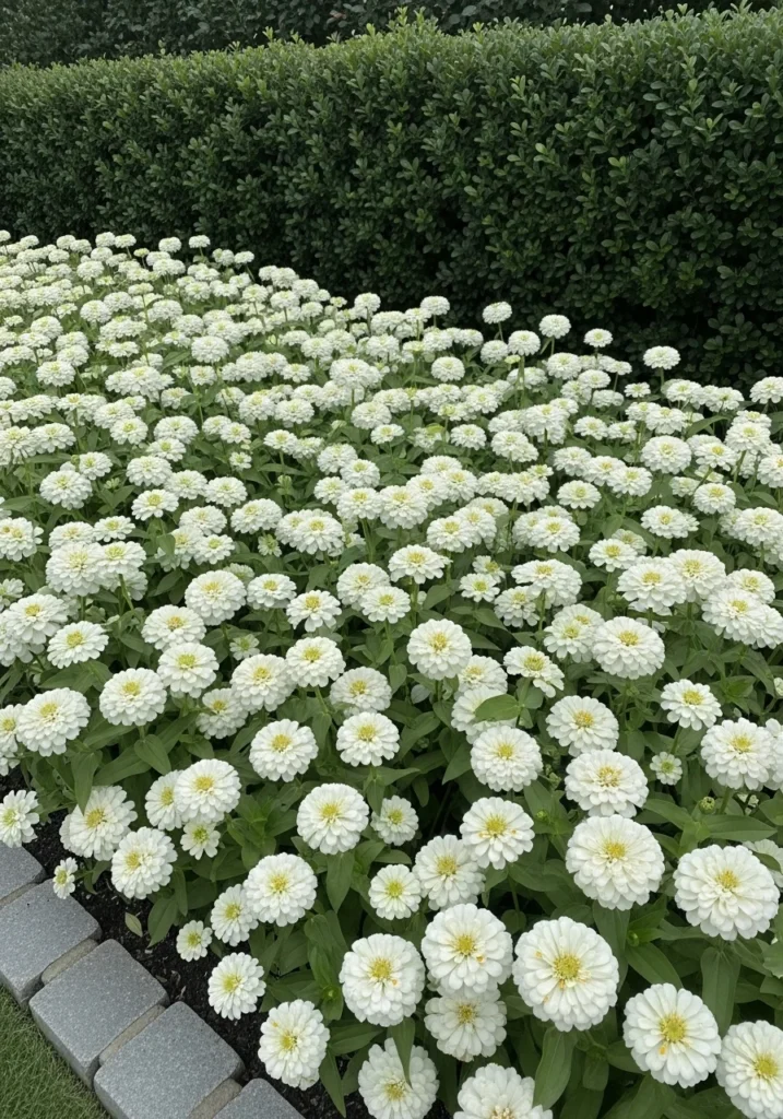 All-white zinnia bed against a dark green boxwood hedge — sophisticated single-color zinnia garden idea for formal gardens