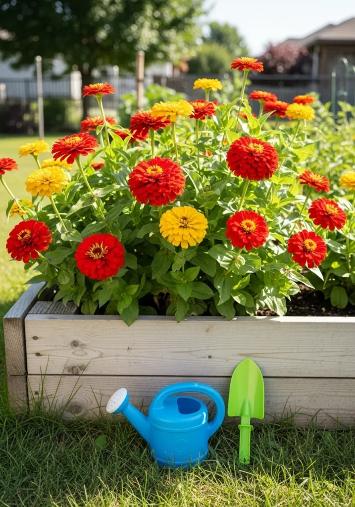 Bright red and yellow zinnia blooms in a small raised bed with child's watering can — zinnia garden idea for kids and beginner gardeners