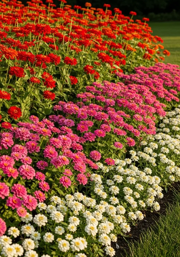 Colorful mixed zinnia flower bed with tall, mid-size, and dwarf varieties — zinnia garden ideas for a layered backyard border