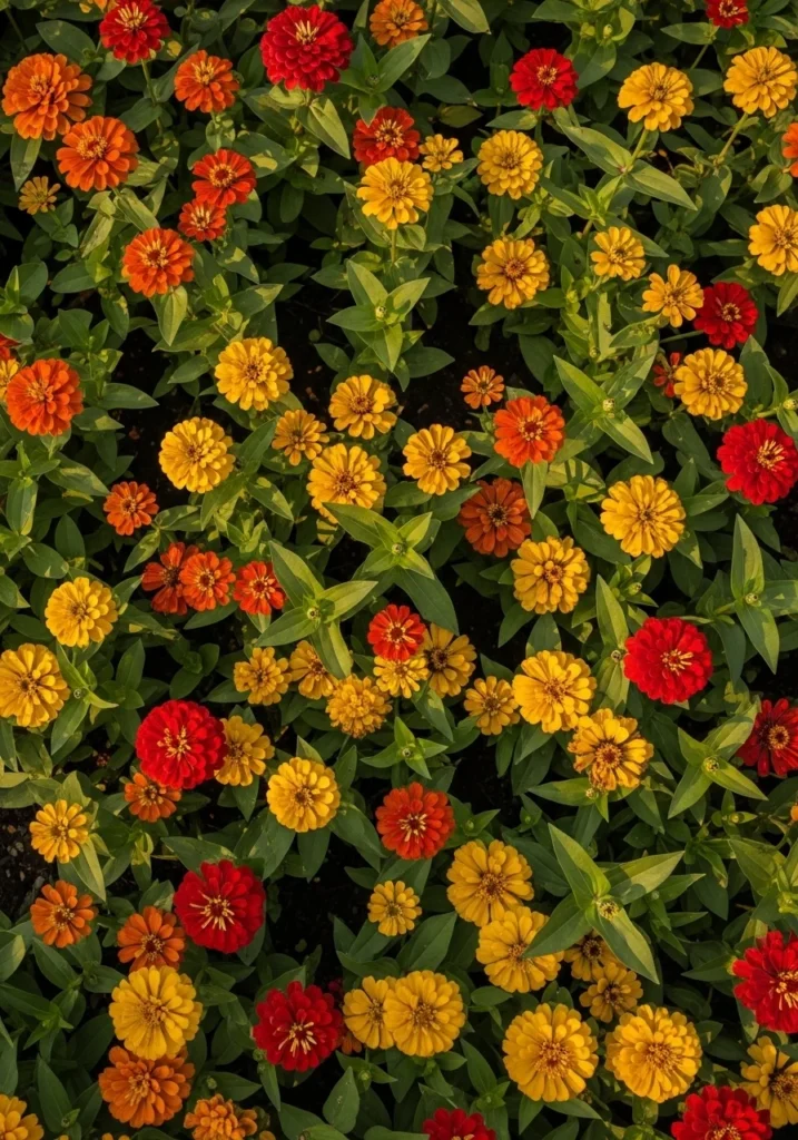 Overhead view of a sunset-themed zinnia bed with orange, gold, and crimson blooms — bold zinnia garden color theme idea