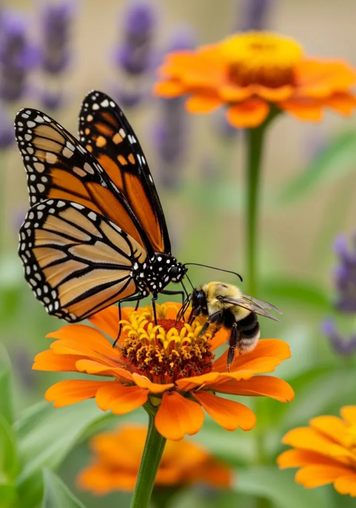 Monarch butterfly and bumblebee feeding on orange Profusion zinnias in a summer garden
