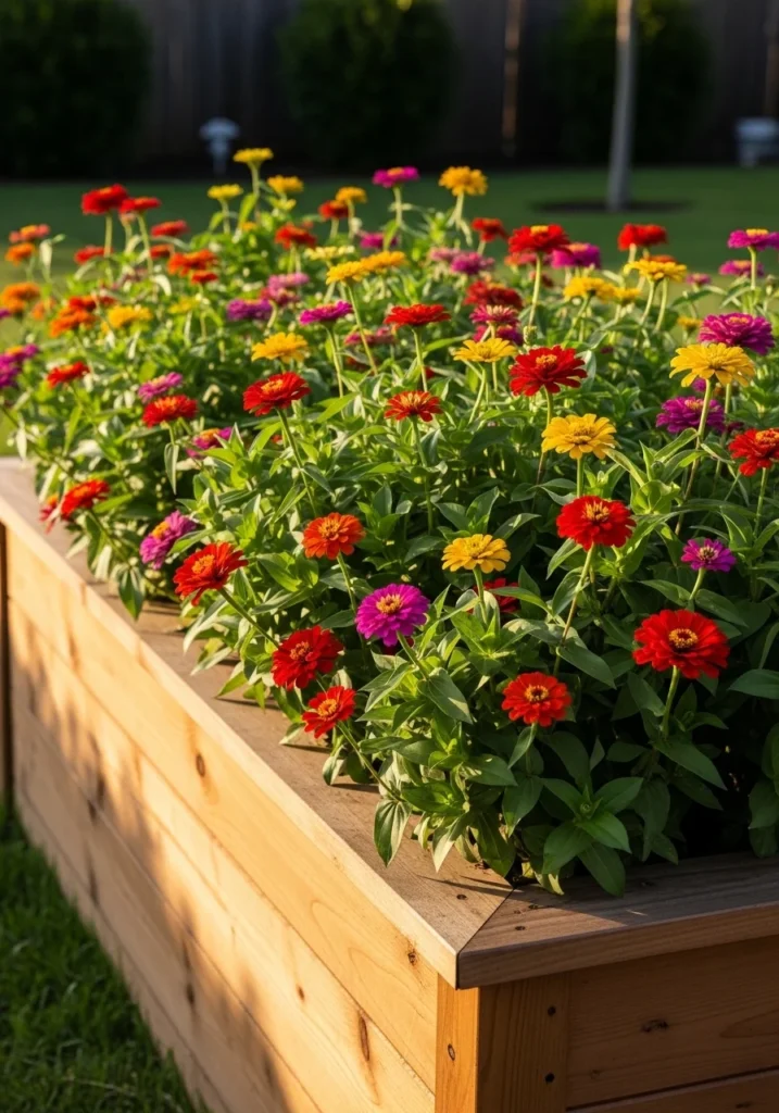 Cedar raised garden bed filled with colorful mixed zinnias — zinnia raised bed garden idea for excellent drainage and disease prevention