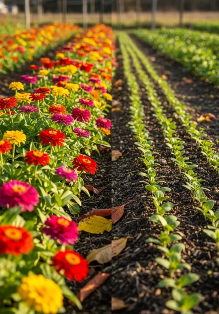 Two zinnia rows at different growth stages showing succession planting — zinnia garden idea for continuous blooms from summer through October