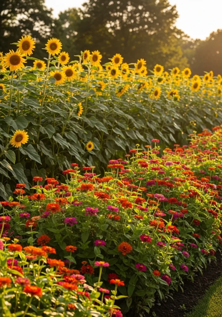 Tall sunflowers with mixed colorful zinnias in foreground — zinnia and sunflower companion planting garden idea for summer