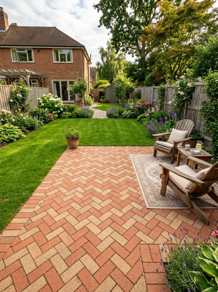 Classic herringbone brick paver patio with warm terra cotta pavers in a residential backyard