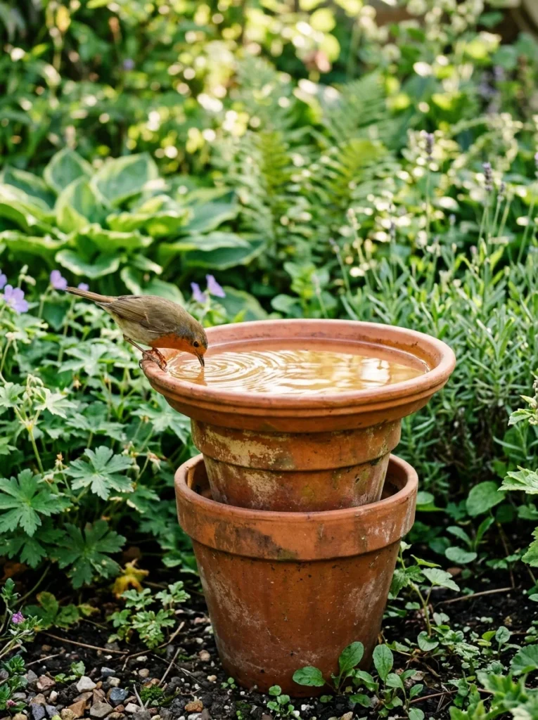 DIY bird bath ideas using stacked terracotta pots and saucer in a backyard garden