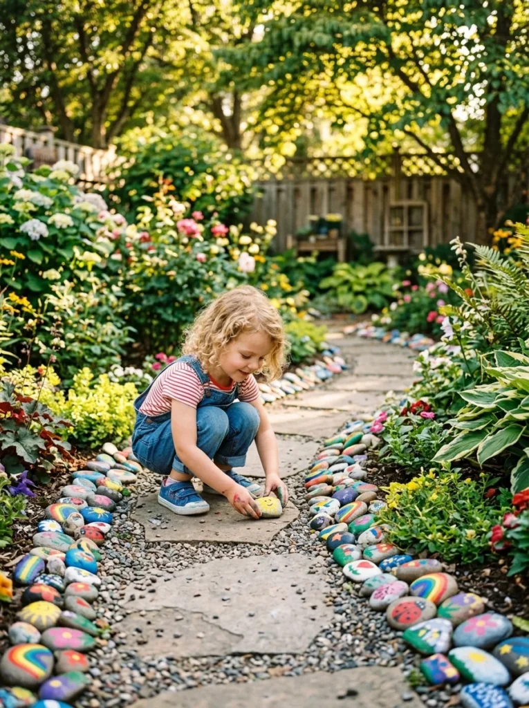 children's painted rock pathway border in a backyard garden