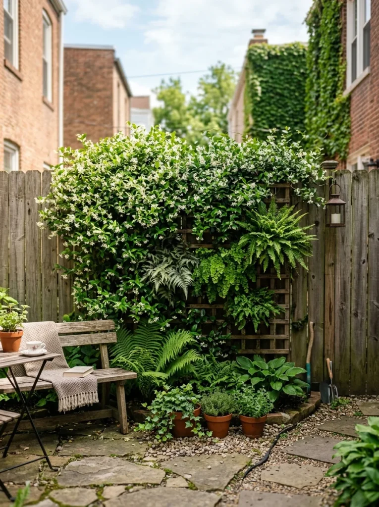 vertical garden ideas for small backyard with climbing plants on wooden trellis