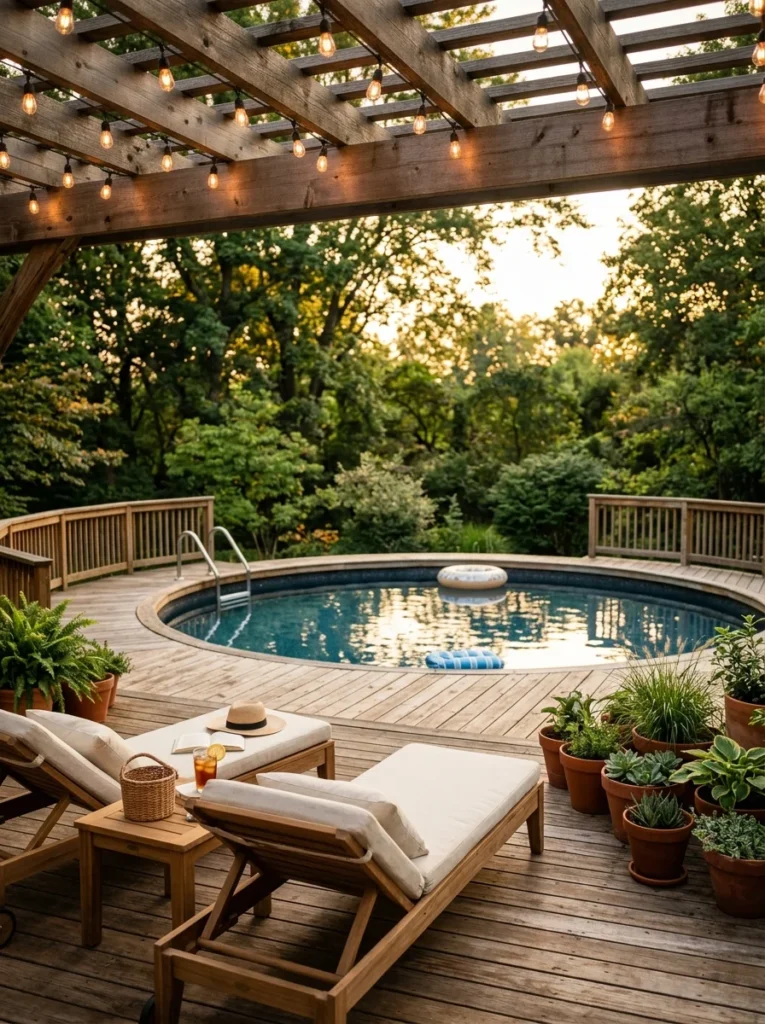 Above ground pool deck ideas with wraparound cedar wood design at sunset