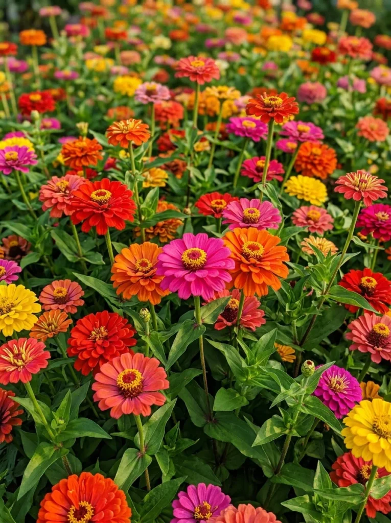 bright zinnia summer flowers in red orange and pink full garden bed