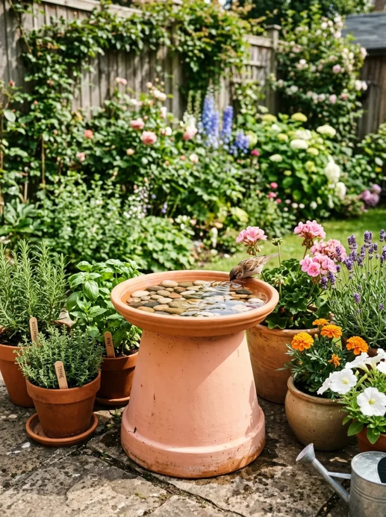 Cheap DIY bird bath idea made from an inverted ceramic planter pot and saucer on a sunny patio