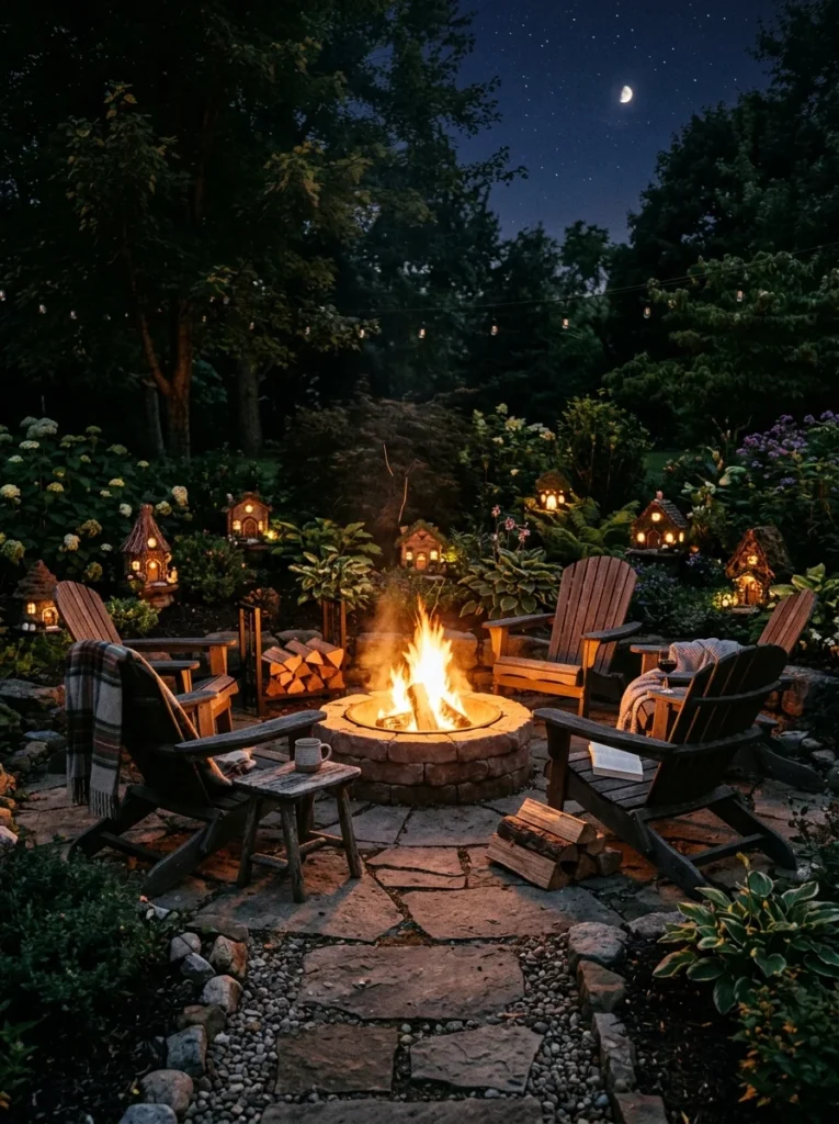 Fairy houses tucked into the landscaping surrounding a backyard fire pit.