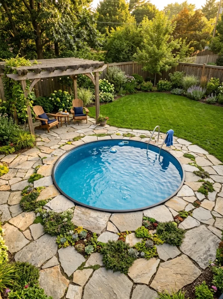 Above ground pool surround ideas with flagstone patio and succulent ground cover