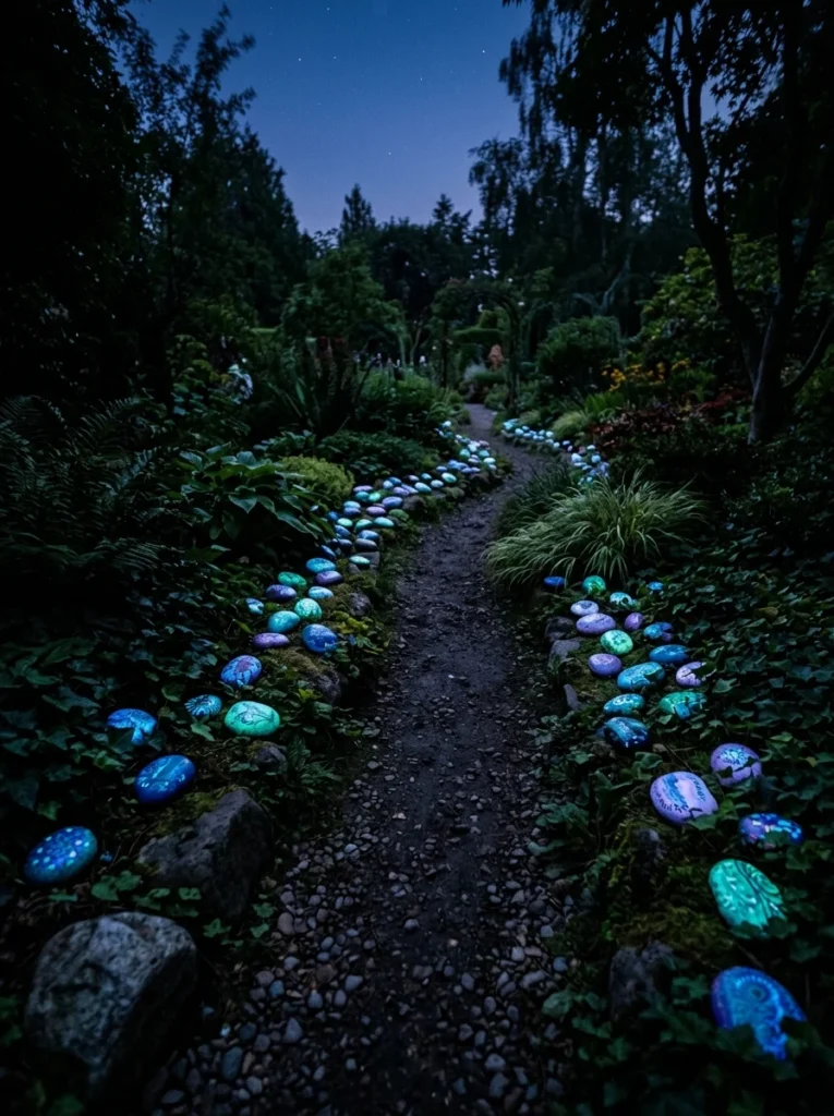 glow in the dark painted rocks lighting up kids garden path at dusk