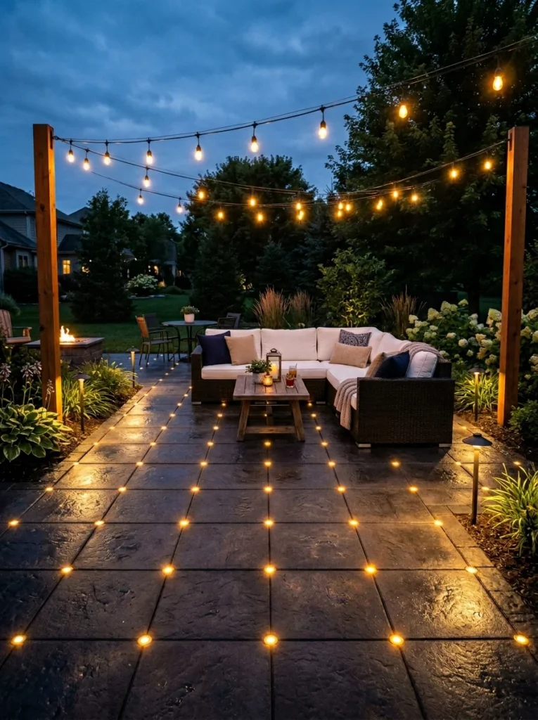 Dark charcoal paver patio at night with glowing LED in-ground lights between pavers and string lights overhead