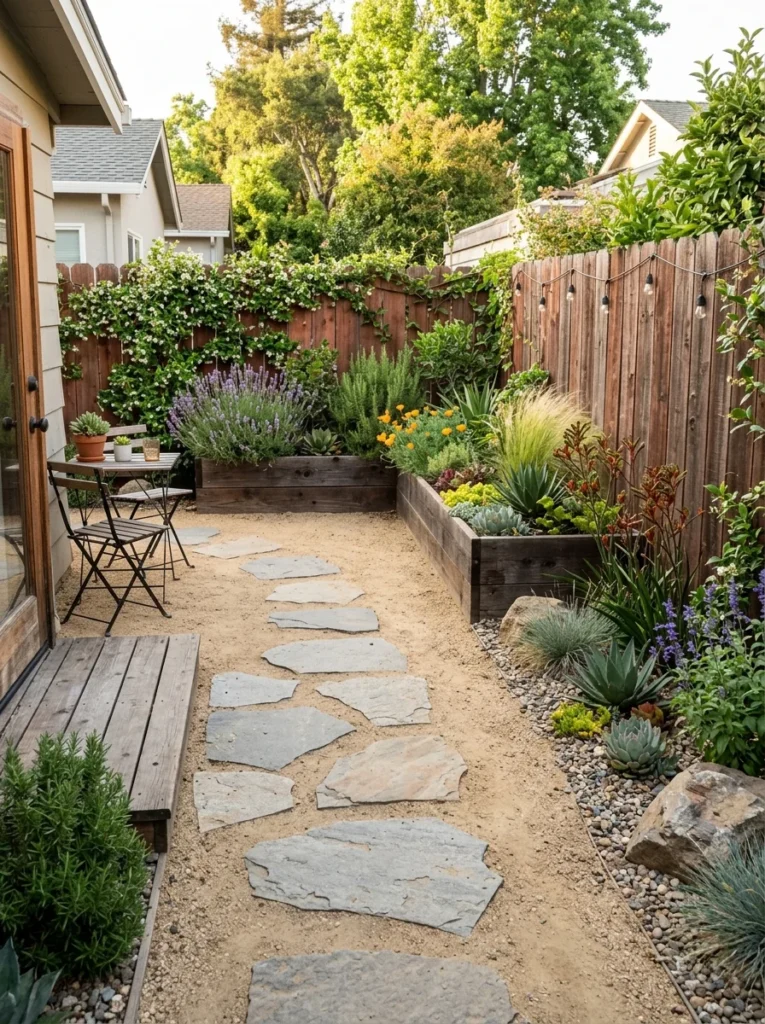 small backyard without grass using decomposed granite stepping stones and drought-tolerant plants