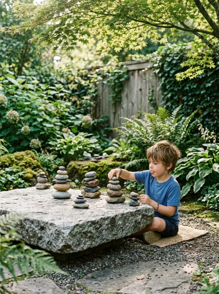 child balancing rocks in outdoor rock stacking meditation garden station